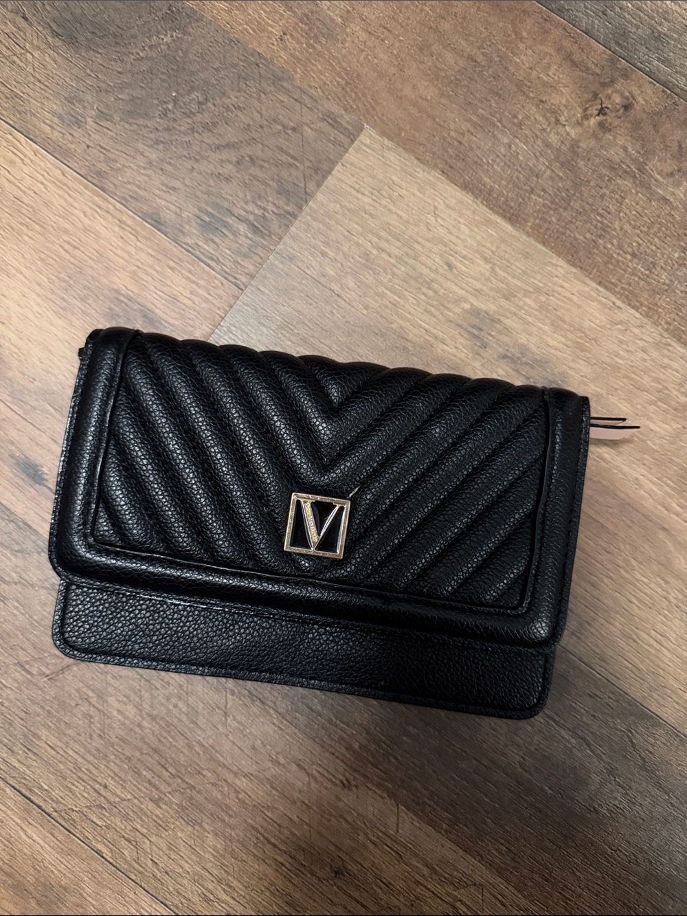 Victoria's Secret Black Quilted Crossbody with Gold Logo